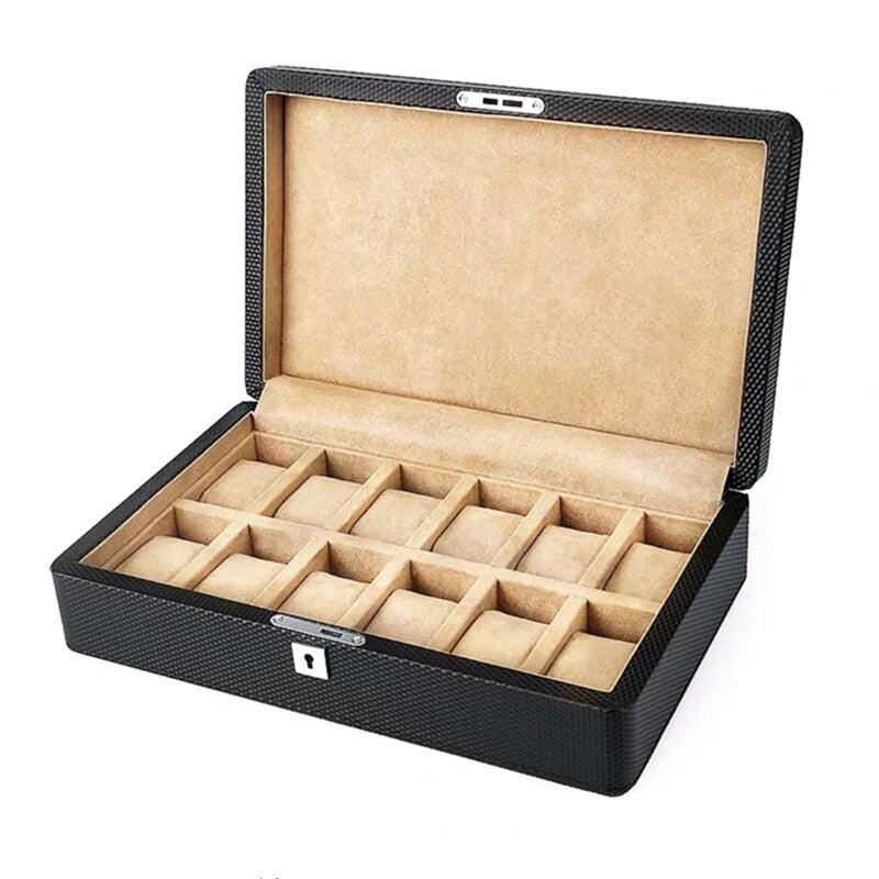 3/6/12 Slots Leather Watch Box Black Watch Storage Box Organizer With Lock Luxury Carbon Watch Box For Men Gift Boxes