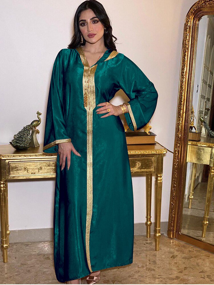 Djellaba Arab Muslim Long Dress Hoodies Dubai Abaya Women Braid Trimmings Moroccan Kaftan Saudi Jalabiya Ramadan Robe Champagne