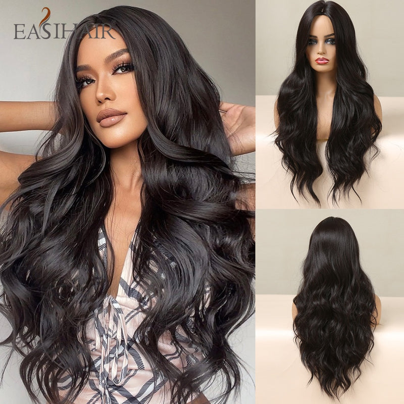 EASIHAIR Long Wavy Dark Brown Black Synthetic Wigs Natural Middle Part Hair Wigs for Women Daily Cosplay Party Heat Resistant