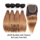 50g/pc 4 Bundles with Closure Transparent Lace Ombre Blonde Brown Free Part Straight Remy Human Hair Short Bob Style