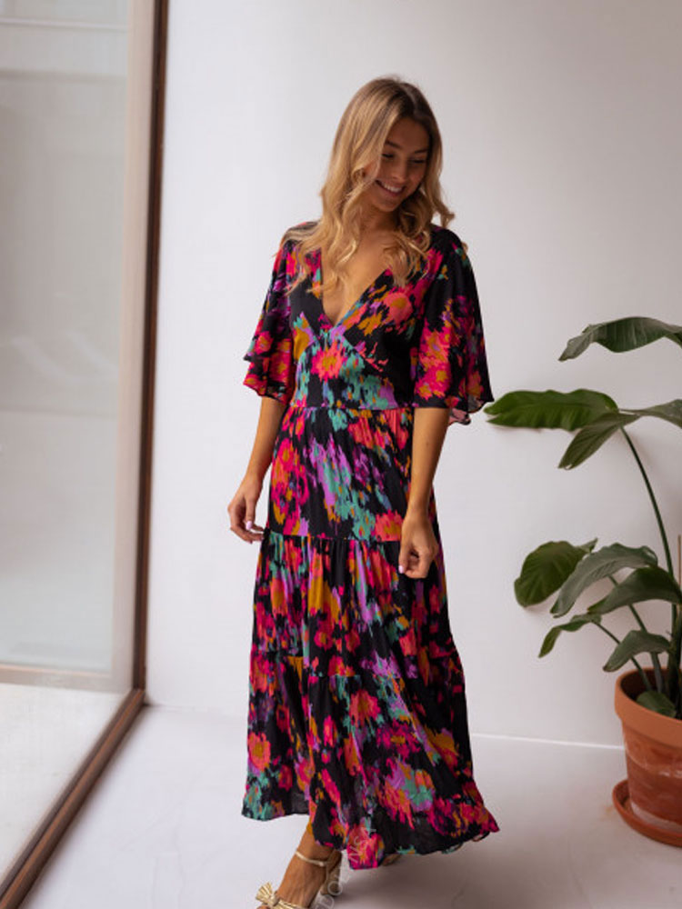 2023 Boho Floral Printed V-neck Short Sleeve Self Belted Cotton Dress Tunic Women Summer Clothes Street Wear Maxi Dresses A1341