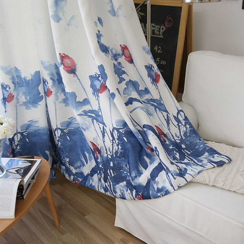 Cortinas de algodón y lino con estampado de loto de tinta de lujo de estilo chino para sala de estar, dormitorio, comedor, cortina de partición