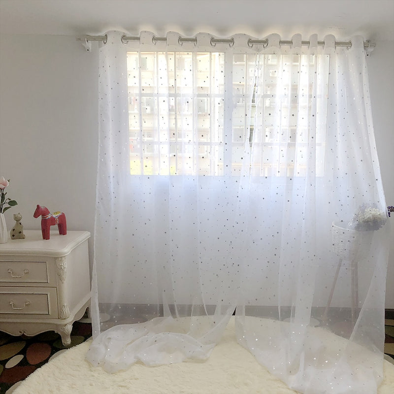 White Shiny Sliver Stars Tulle Curtains For Kids Room Modern Cute All-Match Voile Window Treatment Sheers for Living Room WP234C