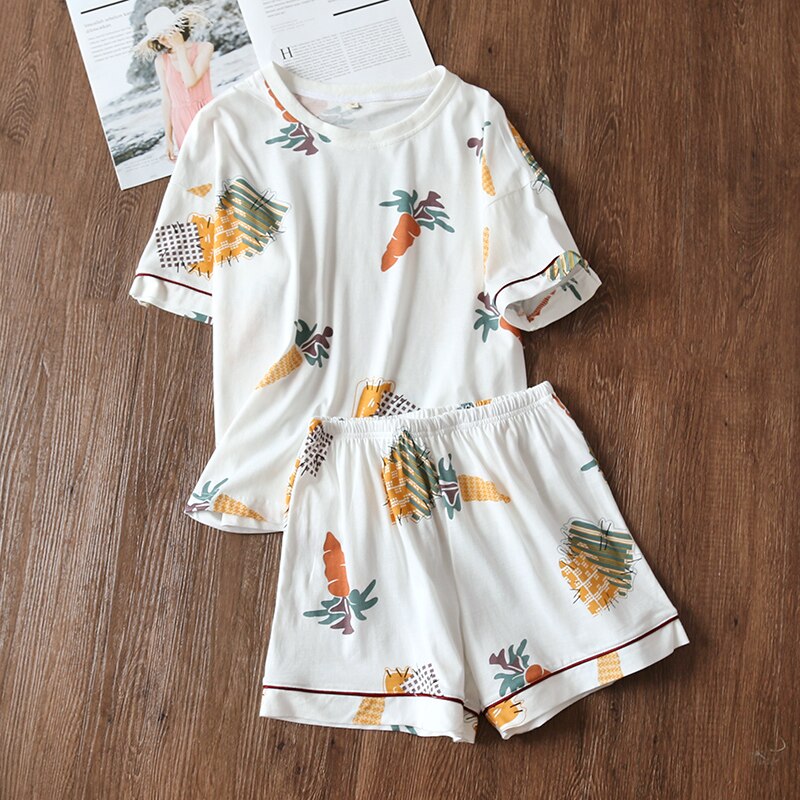 Women's 100% cotton short-sleeved shorts in summer pajamas cartoon summer sports and leisure two-piece suits can be worn out