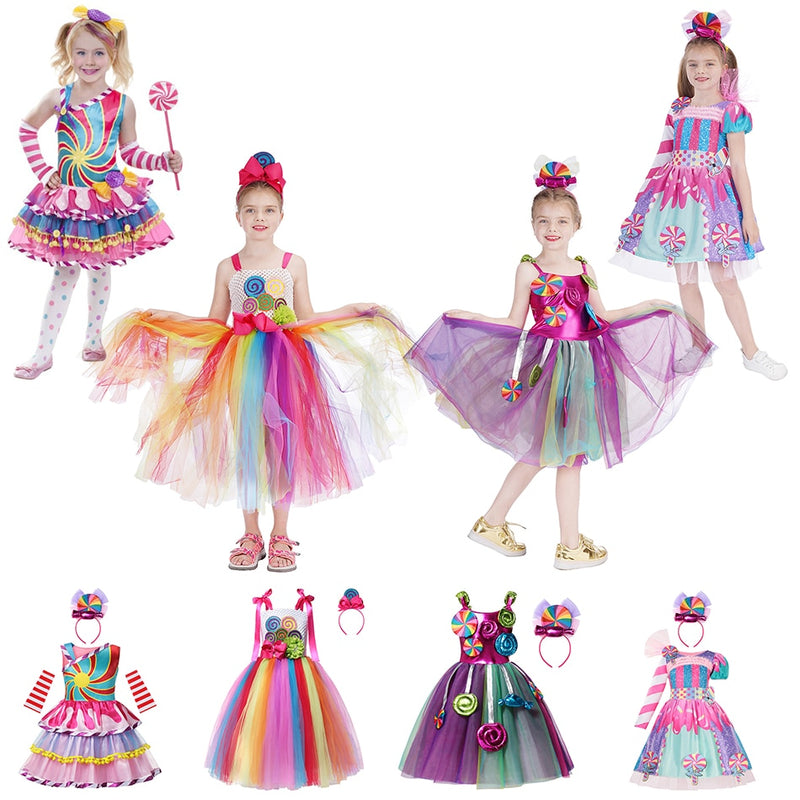 2022 nueva moda bebé niña vestido de caramelo niños disfraz de fiesta de Halloween vestido de baile colorido 2-12 años ropa para niños