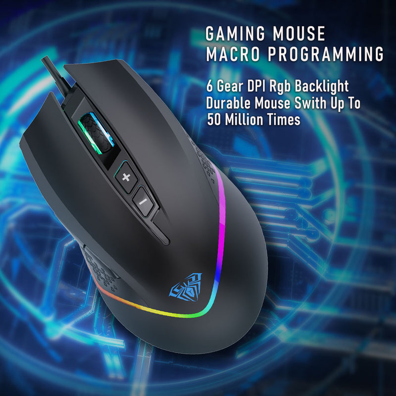 AULA F805 RGB Gaming Mouse 6400DPI Cable retroiluminado USB Computer Mouse Gamer 7 Botones programables Ergonómico para computadora portátil de escritorio