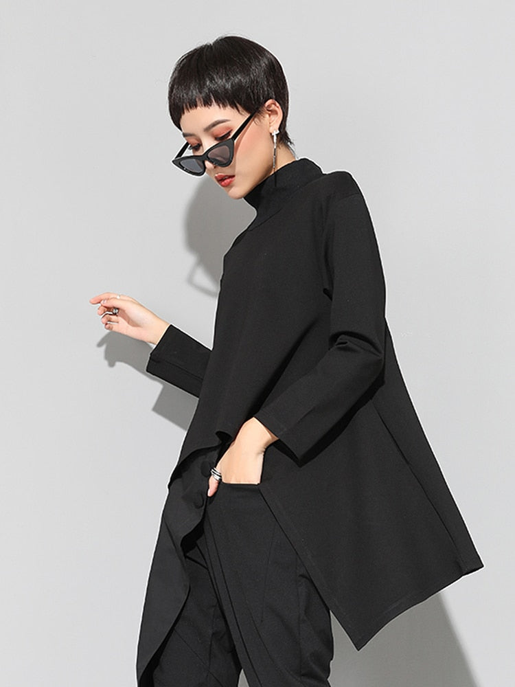 XITAO Vintage negro tortuga cuello camiseta mujer Kawaii Casual manga larga Irregular Tops ropa coreana nueva ZLL1177