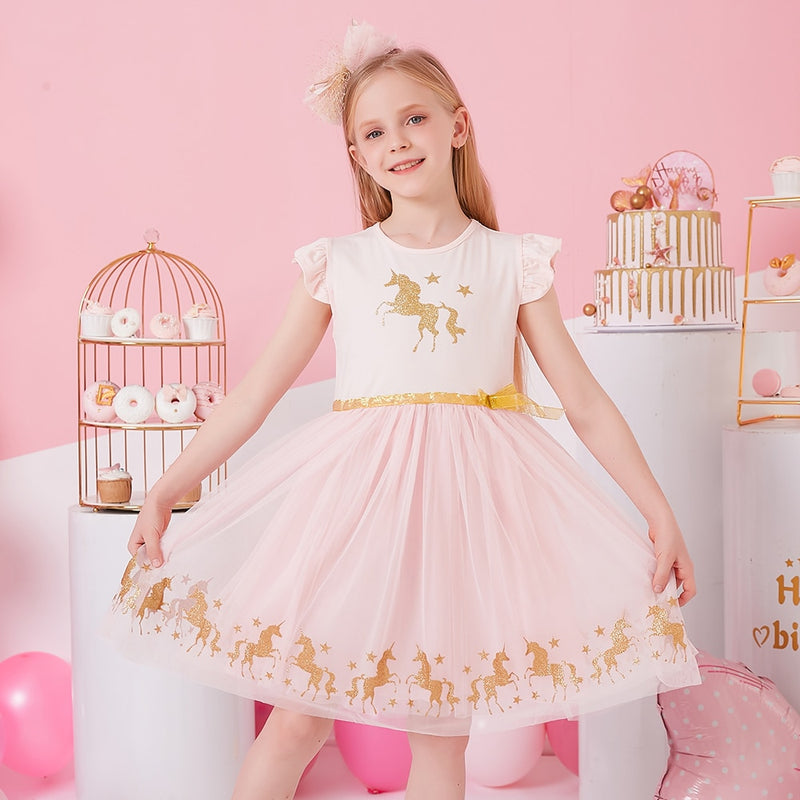 DXTON Mädchen Kleidung für Sommer Prinzessin Kleider Kinder Flare Ärmel Einhorn Druck Kleid Mädchen Party Kleider Kinder Kleidung 3-8 Jahre