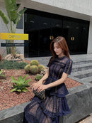 Maxi vestidos para mujer 2022 nuevo verano azul oscuro exquisito encaje costura manga corta multicapa pastel vestido adelgazante