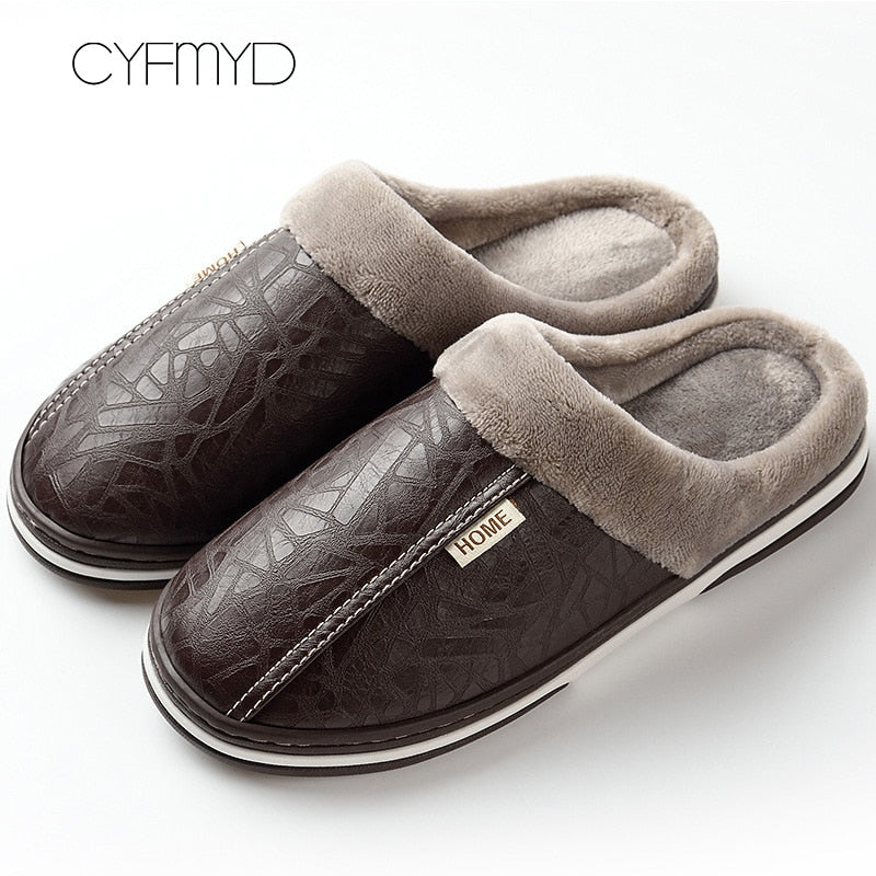 Herrenschuhe 2021 Home Slippers Herren Leder Memory Foam Indoor Hausschuhe für Herren Rutschfeste Warme Winterhaus Erwachsene Pantoffel Plüsch