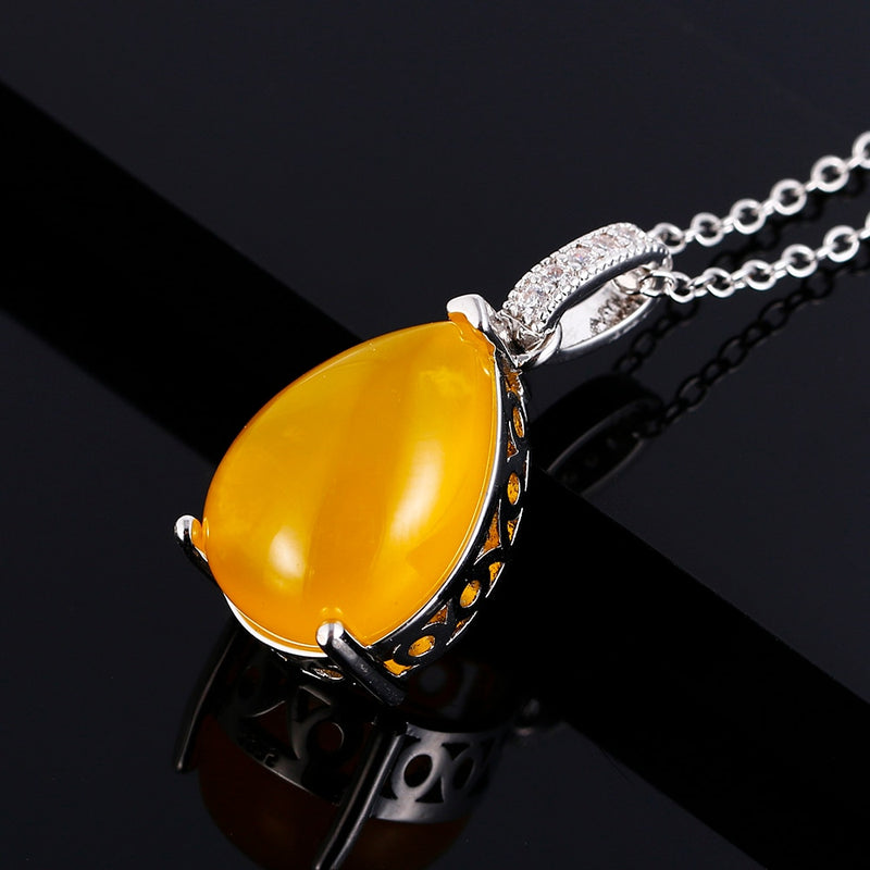 Silver Pendant Necklace Large Pear Shape 13 * 18MM Labradorite and Yellow Agate Stone Pendant Necklace Gift Anniversary