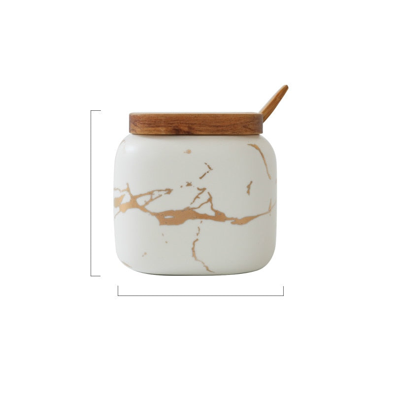 Luxury Nordic Style Marble Pattern Ceramic Kitchen Seasoning Tank Set Wooden Cover Salt Shaker Spice Jar Kitchen Accessories