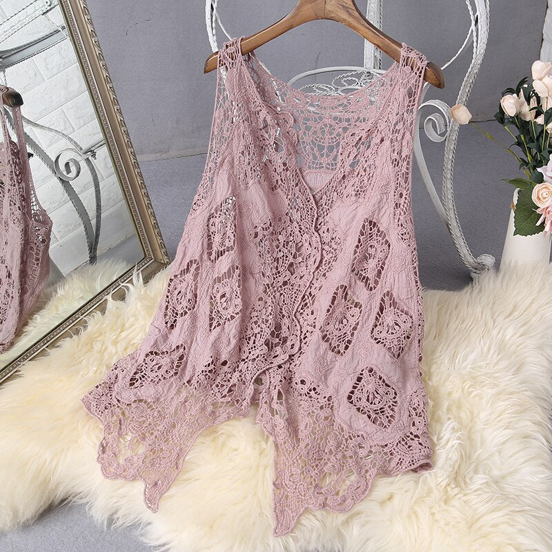 Hippie Froral Patch Design Vest Retro Vintage Crochet Summer Beach Cover Up Top Asymmetric Open Stitch Kimono Cardigain 2022