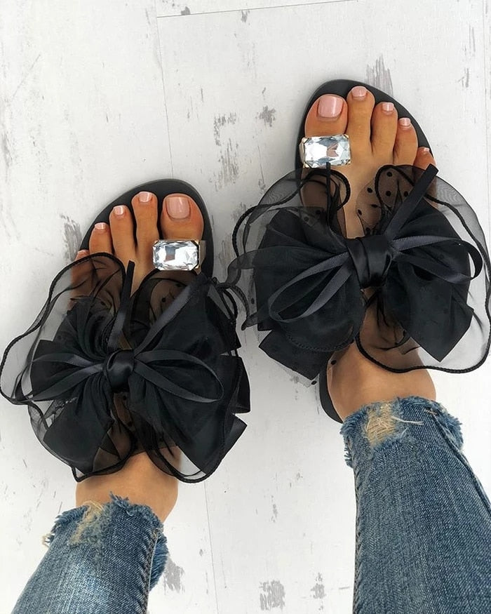 Verano lindo Bowtie decorar sandalias antideslizantes zapatillas planas mulas Casual moda mujer chanclas malla playa toboganes 2022 caliente