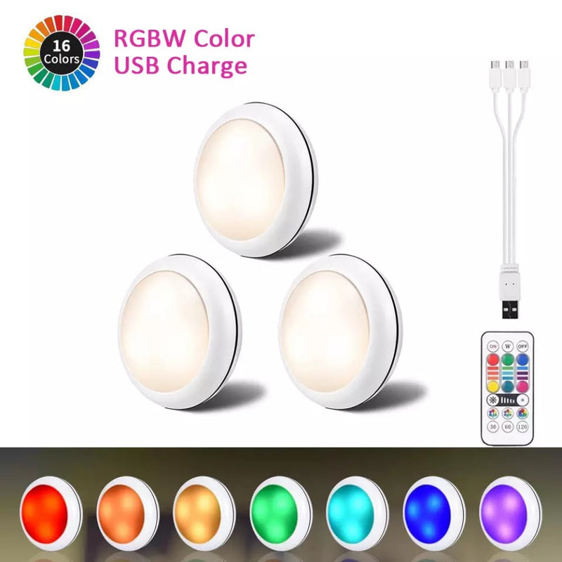 USB Rechangeable RGBW LED Cabinet Light Puck Light 16 Colors Remote Under Shelf Kitchen Counter Lighting Night Lamp