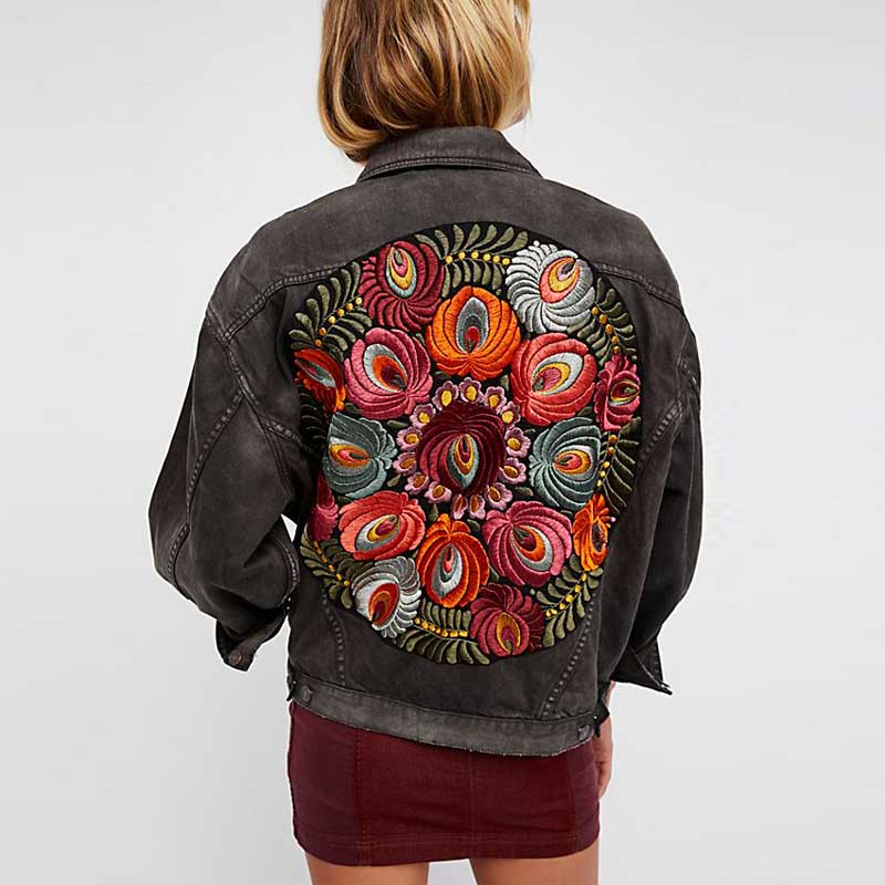 Gypsylady floral Embroidered Denim Jacket Black Casual Chic Winter Jacket Women Bohemian Warm Jacket Coat 2022 New Chaquetas