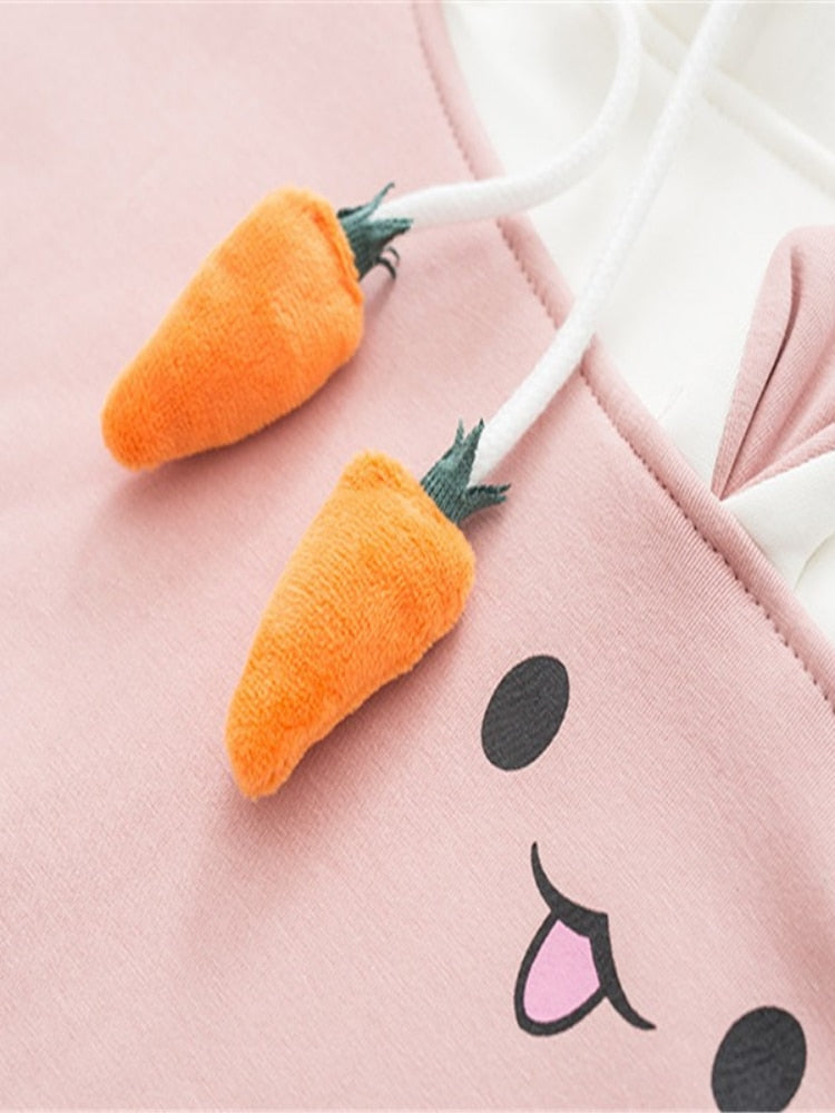 Merry Pretty Women Hoodies Animal Lovely Pullover Kawaii Rabbit Sweatshirt Cute Bunny Graphic Outerwear Pink Black Hoodie Girls