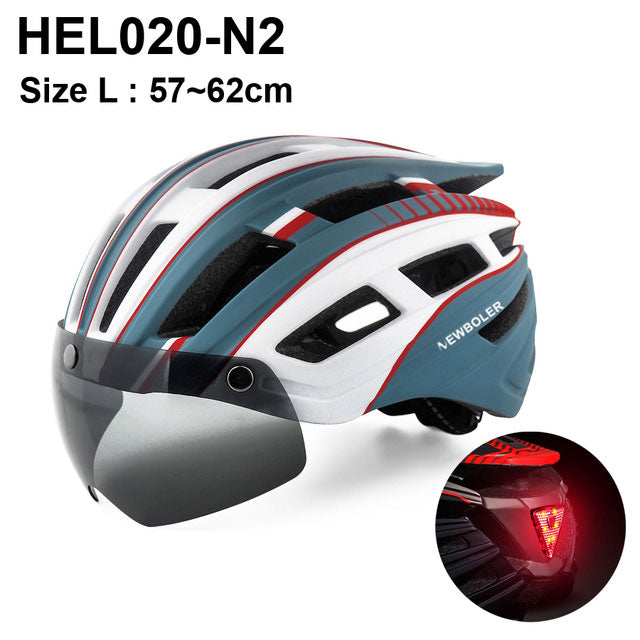 Casco de ciclismo NEWBOLER para hombre y mujer, casco con luz LED, lente para casco de bicicleta de montaña y carretera para montar en bicicleta, deportes, monopatín, Scooter