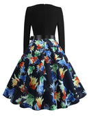 Winter Christmas Dresses Women 50S 60S Vintage Robe Swing Pinup Elegant Party Dress Long Sleeve Casual Print Black