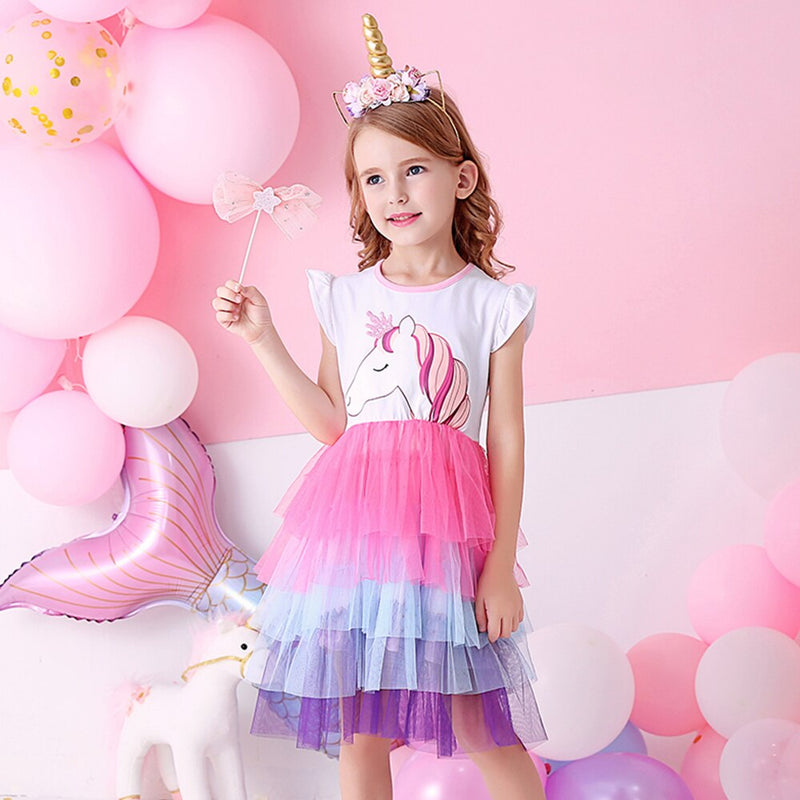 DXTON Girls Clothes for Summer Princess Dresses Kids Flare Sleeve Unicorn Print Dress Girls Party Dresses Children Clothing 3-8Y