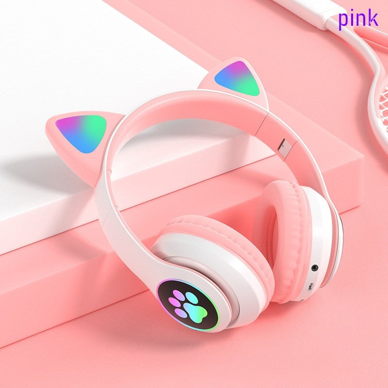 Flashing LED Cute Cat Ears Headphones Bluetooth Wireless Headset with Mic TF FM Kid Girl Stereo Music Earbud Kitten Earphon Gift