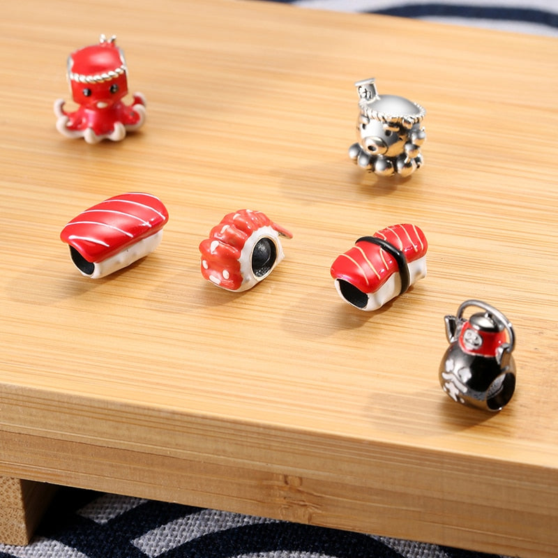 Delicious Seafood Sushi Octopus Teapot Beads for Original Women Bracelet Bangle 925 Silver Charms DIY Bracelet Jewelry Making