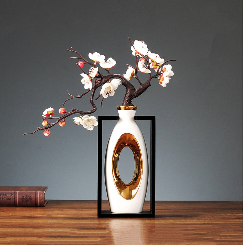 Chinese Style Creativity Ceramic Vase Wooden Frame Retro Openwork Vase Modern Home Flower Arrangement Decoration Flower Vases