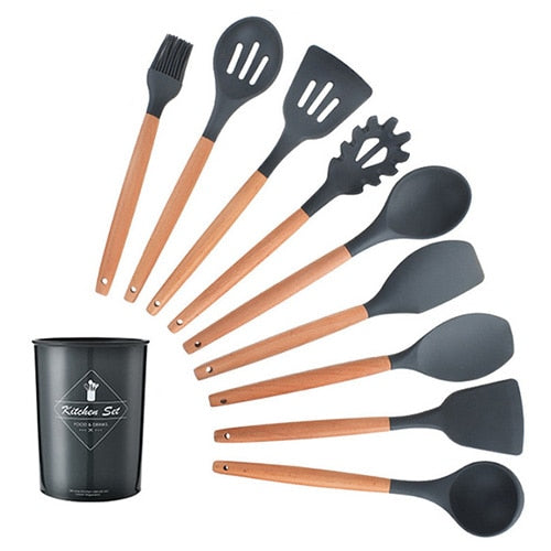 9-13Pcs Cooking Tools Set Premium Silicone Kitchen Cooking Utensils Set with Storage Box Turner Tongs Spatula Soup Spoon