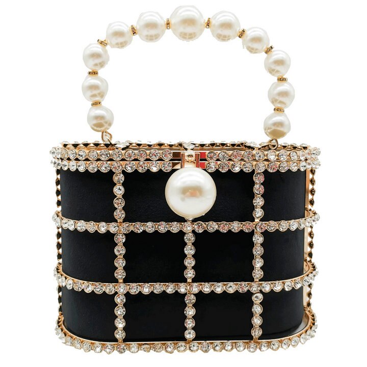 Boutique De FGG Pearl Beaded Evening Bucket Clutch Bag Women Luxury Rhinestone Shoulder Bag Party Purse Ladies Diamond Handbags