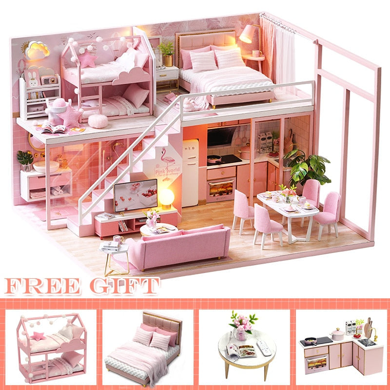 Cutebee DIY Dollhouse Kit Apartment Loft Wooden Miniature Doll Houses With Furniture LED Lights for Children Birthday Gift