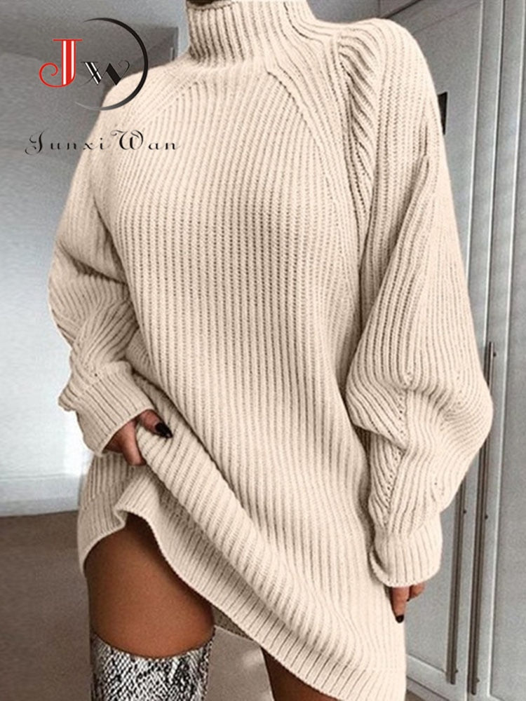 Vestido de punto de gran tamaño de cuello alto para mujer otoño sólido manga larga Casual elegante Mini suéter vestido ropa de invierno