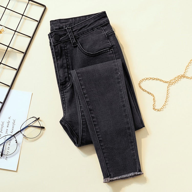 2022 New Arrive Woman Skinny Jeans Black Gray High Waist Elastic Denim Pencil Pants Woman Mon Korean Fashion Jeans Solid