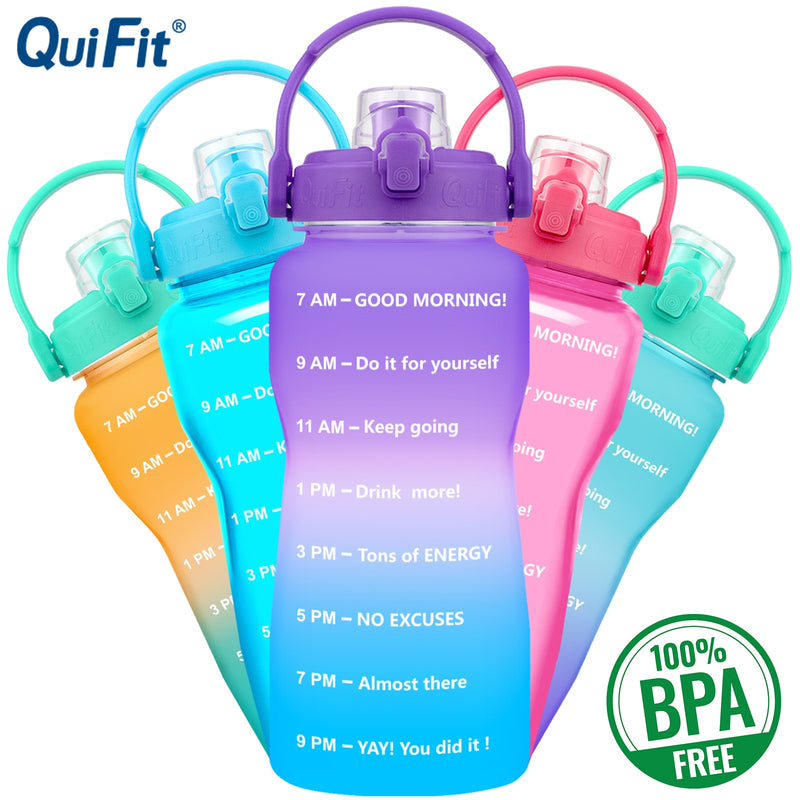 QuiFit 2L 64OZ Botella de agua motivacional de medio galón con marcador de tiempo Flip-Flop BPA Free Portable Sports Phone Stand GYM Jug