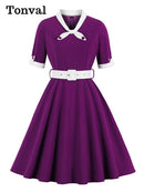 Tonval Green Contrast Bow Neck and Cuff Vintage Belted Dress Half Sleeve Autumn Women Fit and Flare Retro Swing Dresses