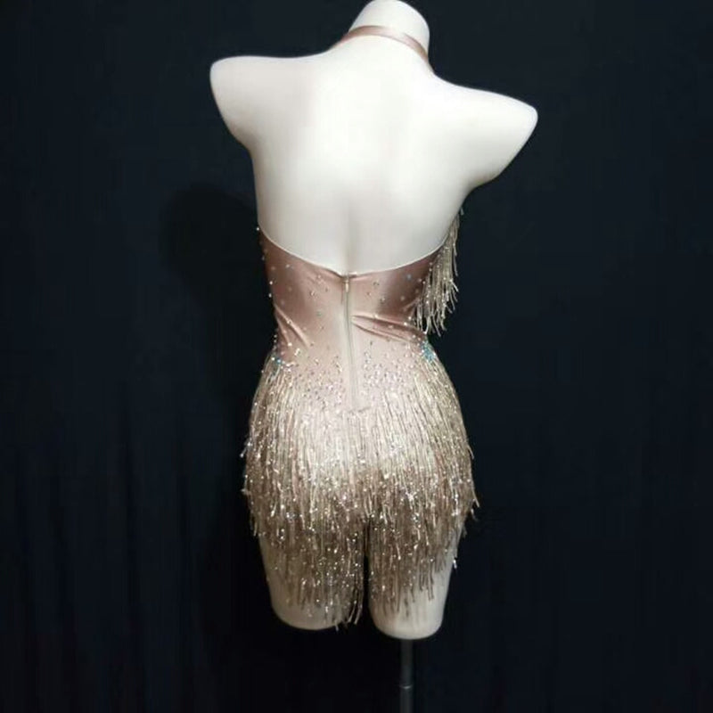 Sparkly Rhinestones Fringes Bodysuit Women Nightclub Outfit Glisten Dance Costume One-piece Dance Wear Singer Stage Leotard