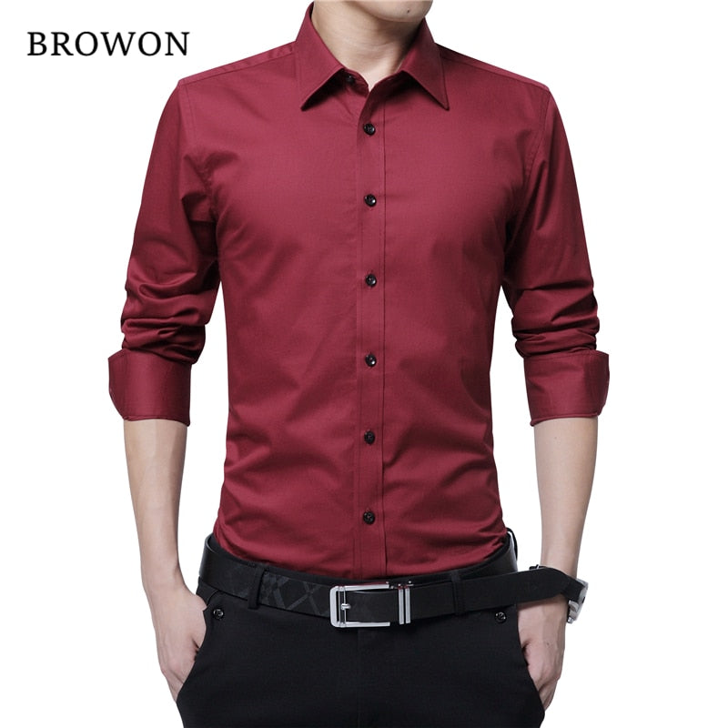 BROWON Men Fashion Blouse Shirt Long Sleeve Business Social Shirt Solid Color Turn-neck Plus Size Work Blouse Brand Clothes