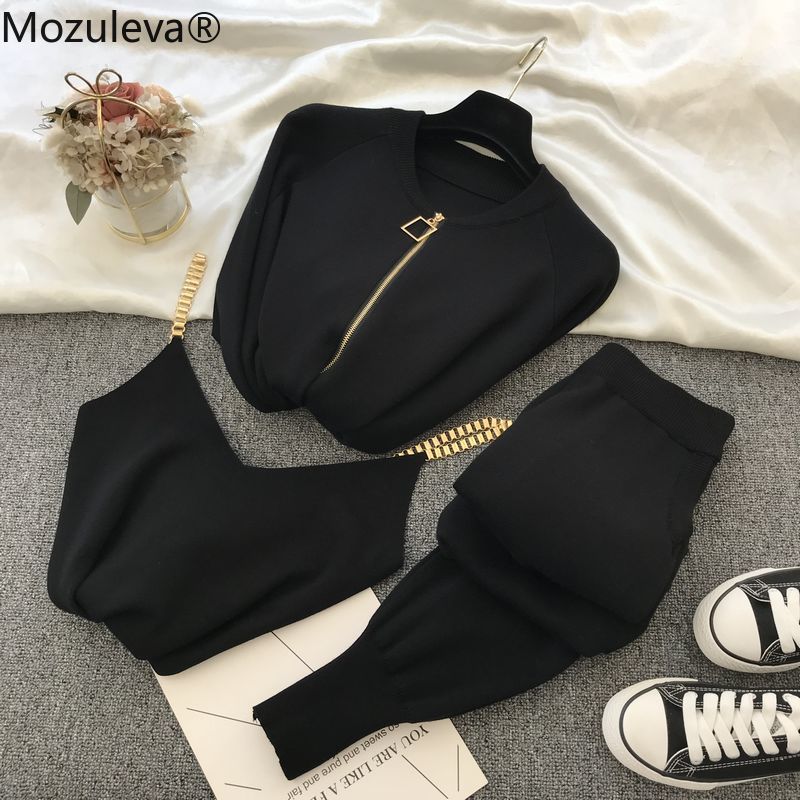 mozuleva Frauen 2022 Herbst Winter Strickweste Reißverschluss Cardigans Hosen 3pcs Sets Trainingsanzüge Outfits