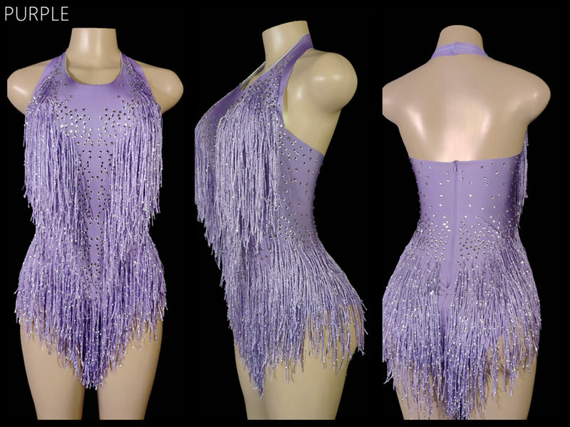 Sparkly Rhinestones Fringes Bodysuit Women Nightclub Outfit Glisten Dance Costume One-piece Dance Wear Singer Stage Leotard