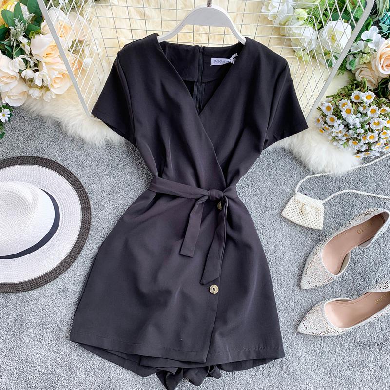 FMFSSOM New Edition Cultivate Morality Short Sleeve Suit Collar Tall Waist Conjoined Shorts Show Thin Wide-legged Pants