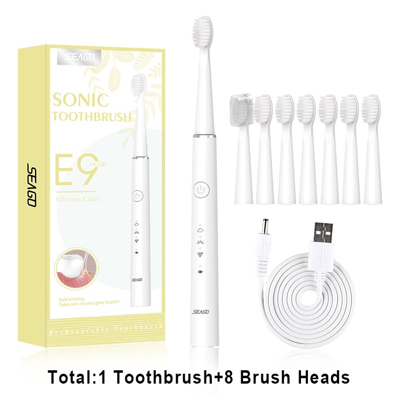 SEAGO Electric Toothbrush Sonic Rechargeable Travel Waterproof  Electronic Tooth 8 Brushes Soft Replacement Heads For Adult Gift