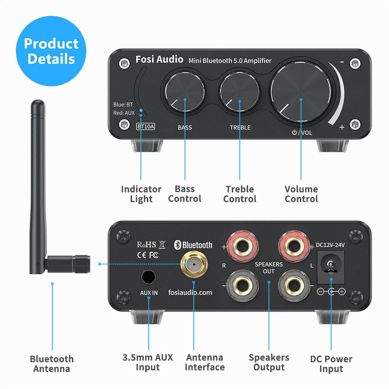 Fosi Audio Bluetooth 2 Channel Sound Power Stereo Amplifier TPA3116D2 Mini HiFi Digital Amp for Speakers 50W BT10A Treble &amp; Bass