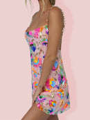 Pink Floral Sequined Mini Dress Sexy Backless Chain Straps Low Cut Short Summer Night Club Party Out Wear Black Orange White