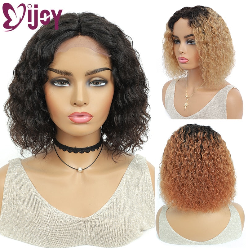 Short Bob Kinky Curly Wigs Brazilian Natural Human Hair Wigs For Black Women Middle Part Full Machine Made Wig Non-Remy IJOY