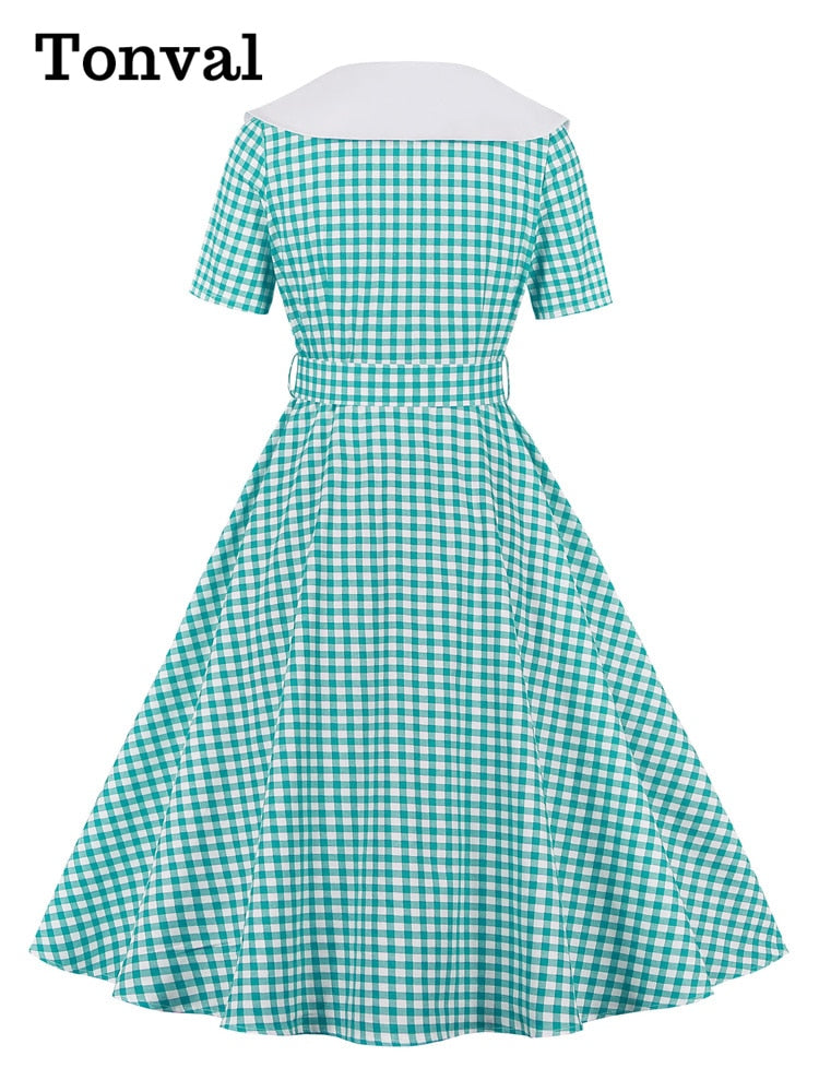 Tonval Gingham Print cintura alta Vintage A Line algodón Midi vestidos para mujer doble botonadura 1950S Rockabilly Plaid vestido