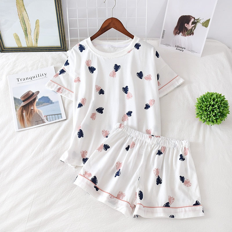 Women's 100% cotton short-sleeved shorts in summer pajamas cartoon summer sports and leisure two-piece suits can be worn out