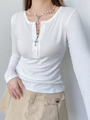 Rapwriter Casual Wave Line Ribbed V-Neck Long Sleeve Crop Top Basic Solid T-Shirt Girl 2023 Streetwear Stretch Tee Shirt femme