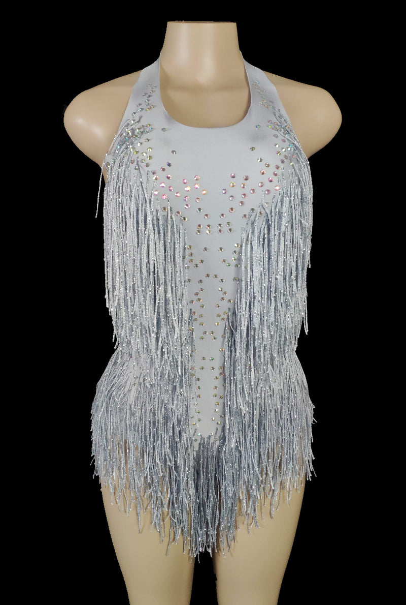 Sparkly Rhinestones Fringes Bodysuit Women Nightclub Outfit Glisten Dance Costume One-piece Dance Wear Singer Stage Leotard