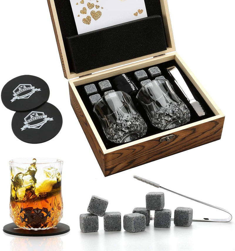 Whiskey Stones &amp; Glasses Set, Granite Ice Cube For Whisky, Whiski Chilling Rocks In Wooden Box, Best Gift For Dad Husband Men