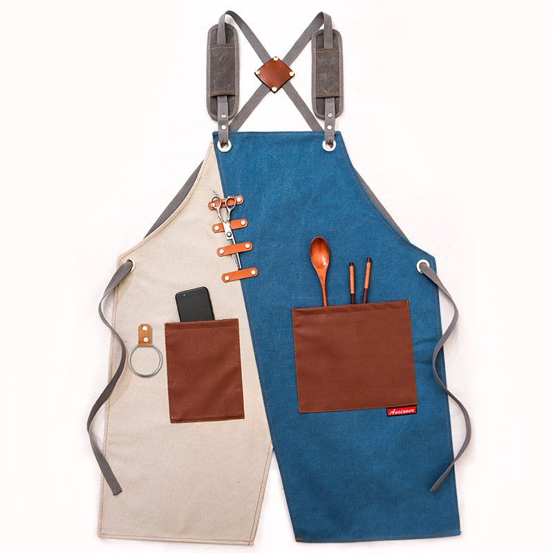 New Durable Goods Heavy Duty Unisex Canvas Work Apron with Tool Pockets Cross-Back Straps Adjustable For Woodworking Painting