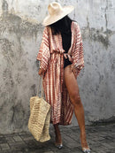 2022 Bikini Cover-ups Black Retro Striped Self Belted Women Summer Clothing Kimono Dress Beach Wear Swim Suit Cover Up Q1225